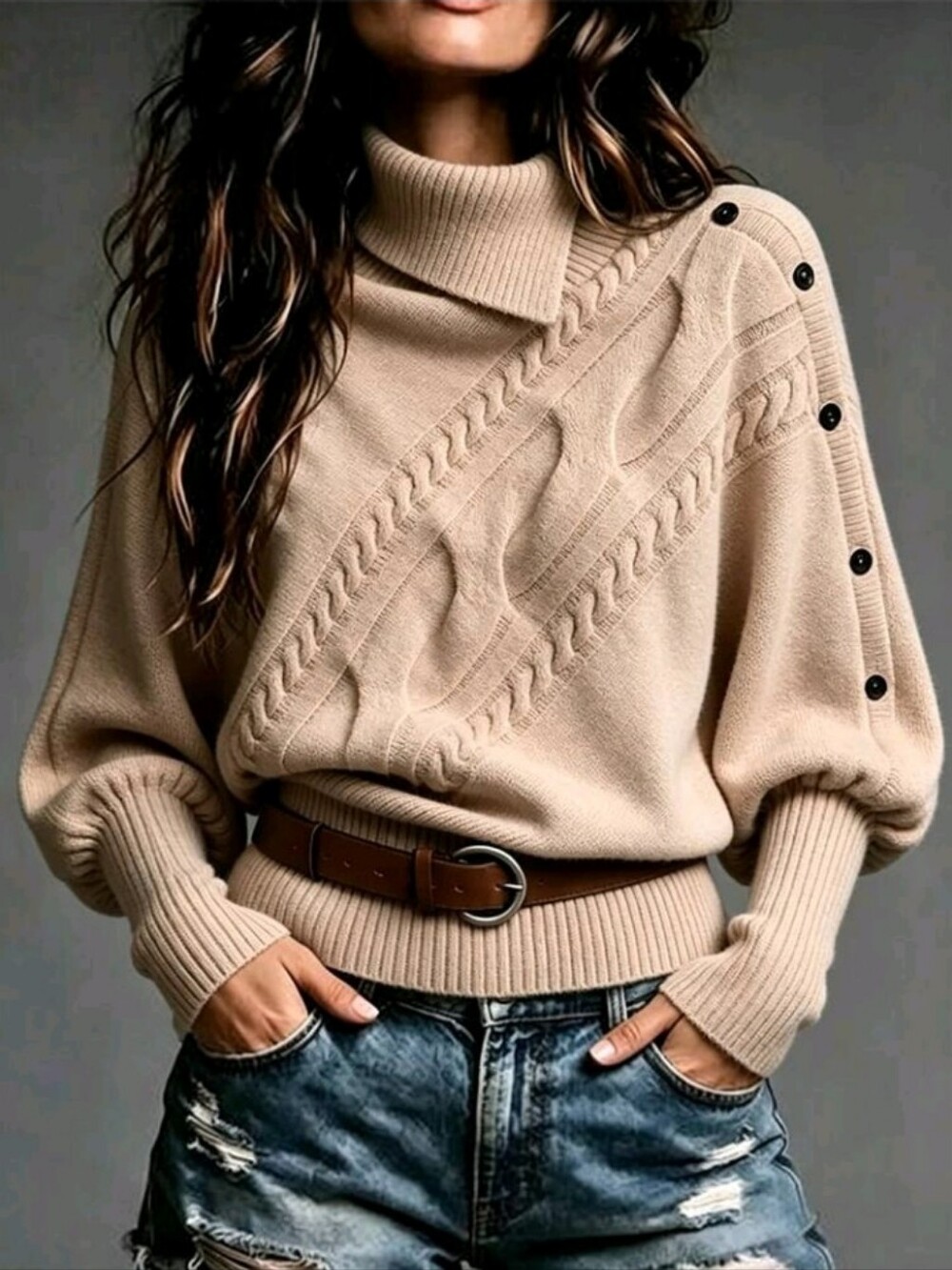 Women's Cable Knit Drop Shoulder Long Sleeve Button Design Sweaters